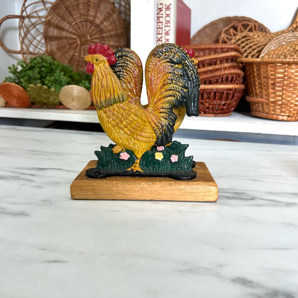 Vintage napkin holder metal wood rooster decor country farmhouse